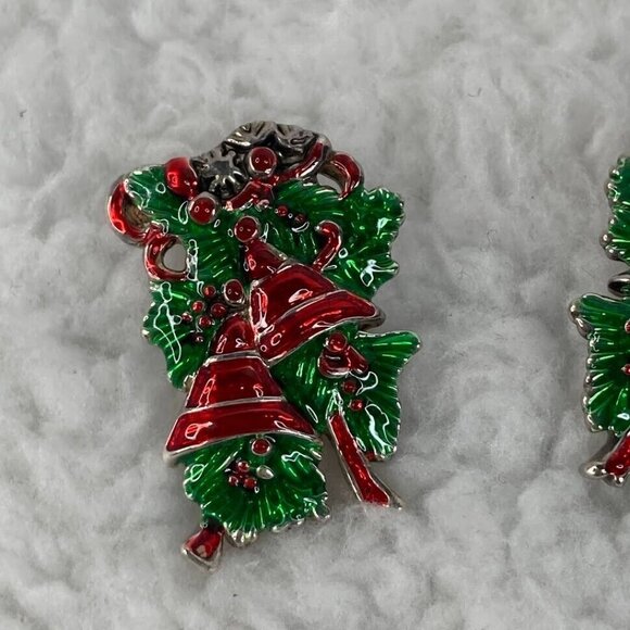 Vintage Marie Jennifer Christmas Bells 2" Brooch Pendant 1" Earrings Red Green - Picture 6 of 10